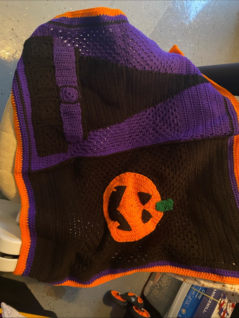 Homemade Crochet Halloween Pumpkin Witch Small Blanket - Purple, Black & Orange